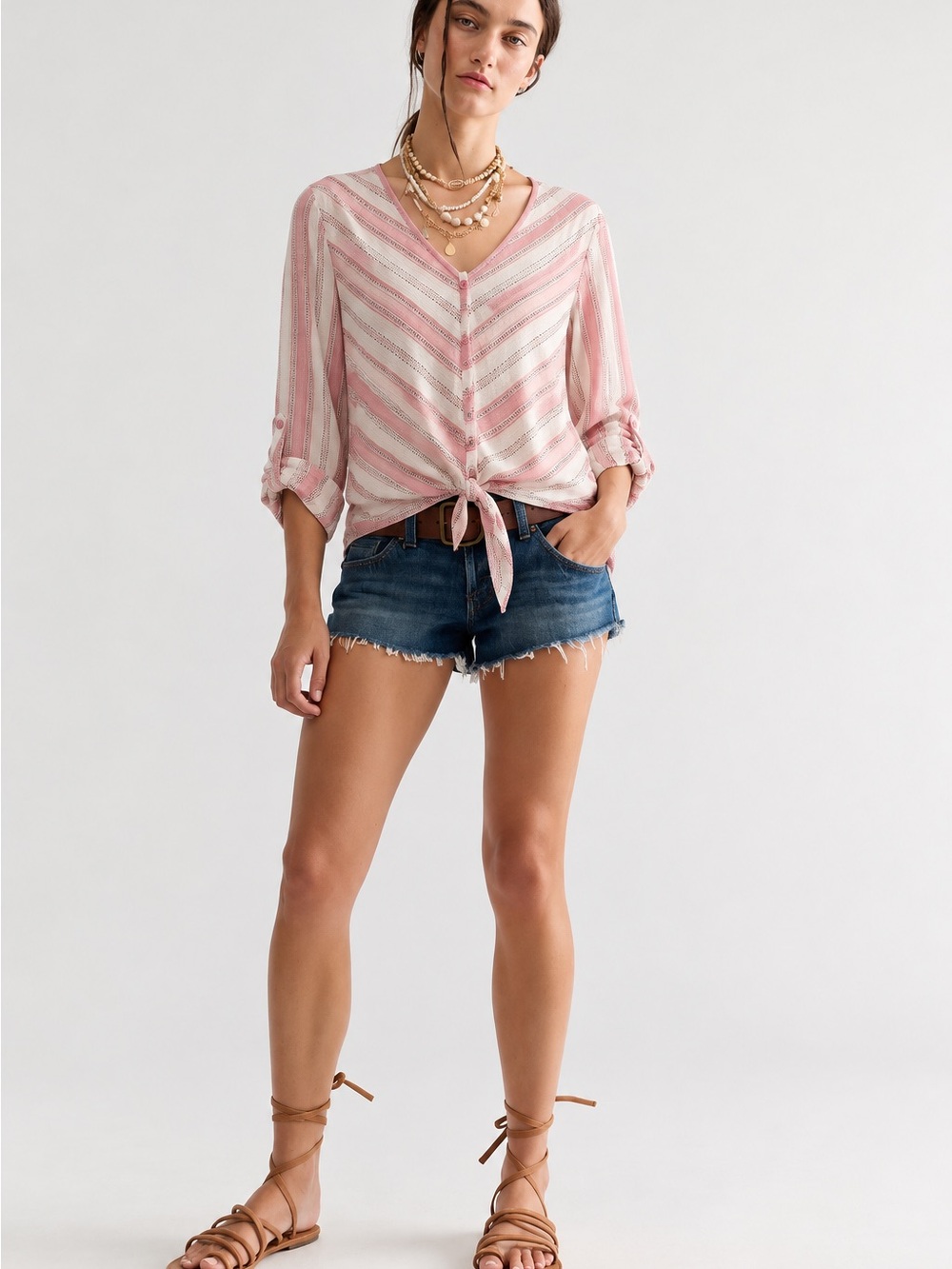 229. Striped Tie-Front V-Neck Women's Top in Pink